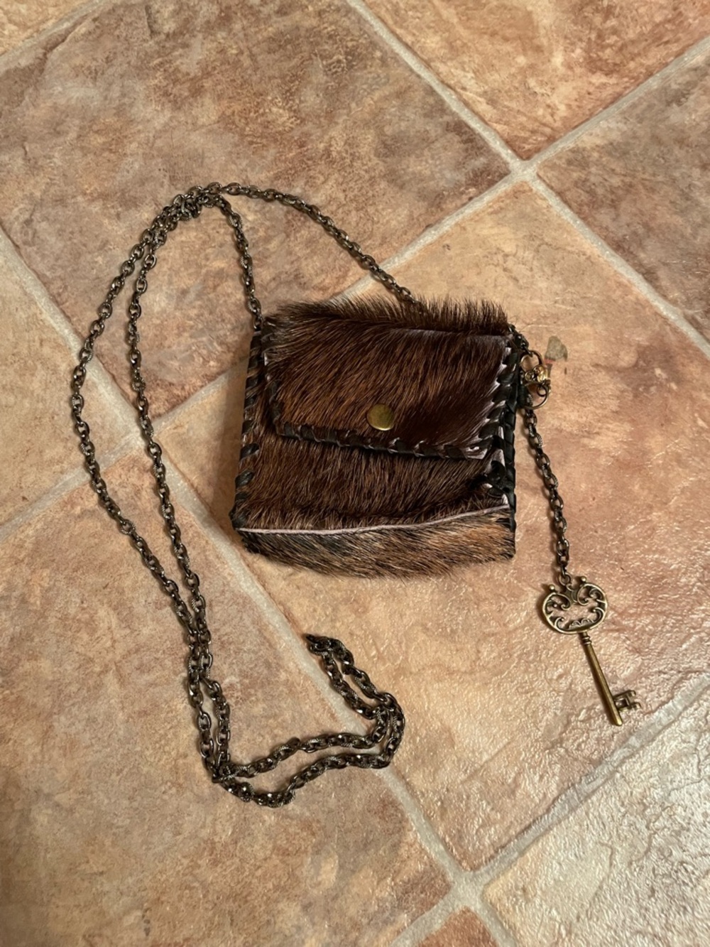 Small Brown Fur Crossbody Bag with Antique Key Charm